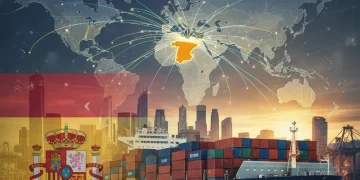Mapa global de rutas comerciales con España destacada, simbolizando el comercio exterior y la expansión económica.
