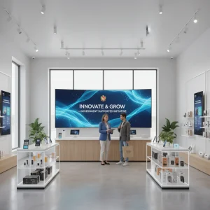 Ayudas 2026 Modernización Comercio Minorista España: 25.000€ por Establecimiento Interior de tienda minorista modernizada con pantallas digitales y atención al cliente, simbolizando el futuro del comercio.