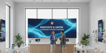 Interior de tienda minorista modernizada con pantallas digitales y atención al cliente, simbolizando el futuro del comercio.
