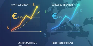 Gráfico comparativo de indicadores económicos de España y la Eurozona en 2026, mostrando tendencias de crecimiento y competitividad.