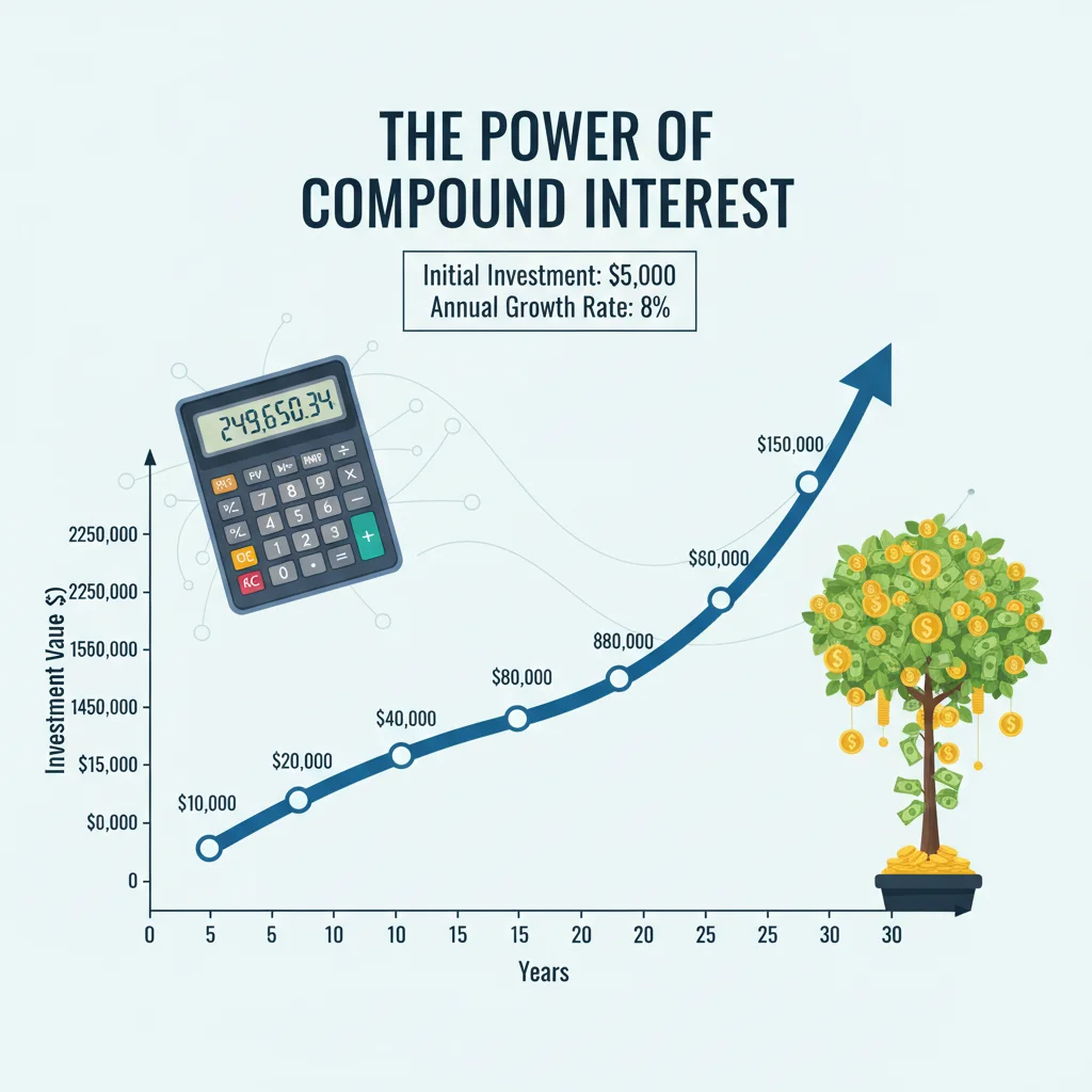 Graphic illustrating the exponential growth of investments through compound interest for beginners.