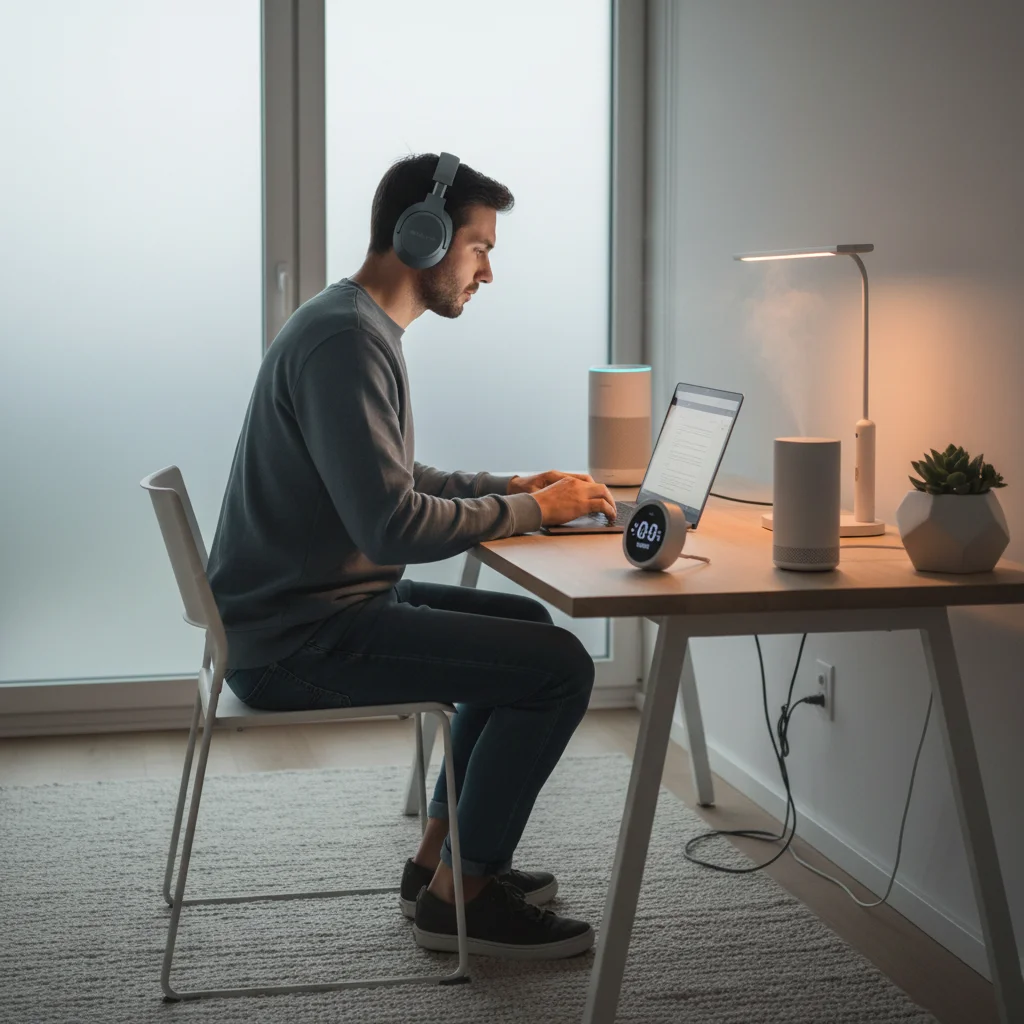 Persona concentrada trabajando con auriculares en una oficina en casa, con dispositivos inteligentes de fondo.