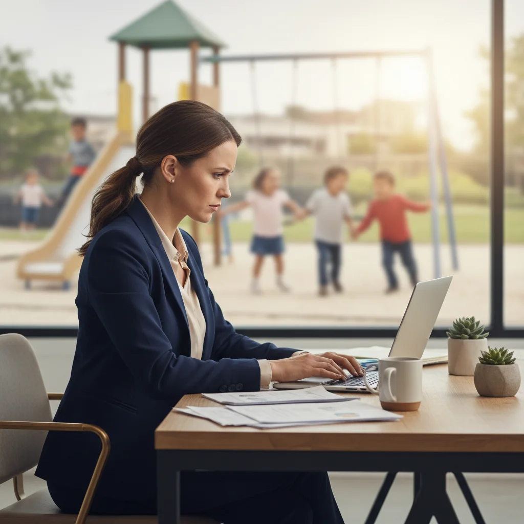 Mujer profesional equilibrando trabajo y responsabilidades familiares en oficina