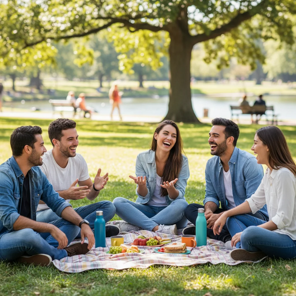 Grupo de amigos riendo y socializando en un parque, sin celulares, promoviendo la conexión humana real.