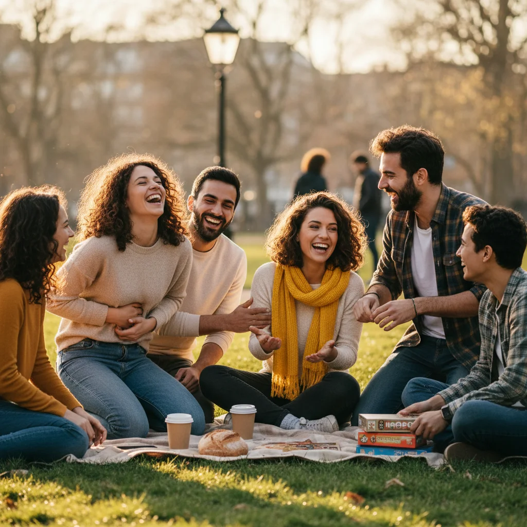 Grupo de amigos interactuando felizmente sin celulares, destacando la importancia de las conexiones reales.