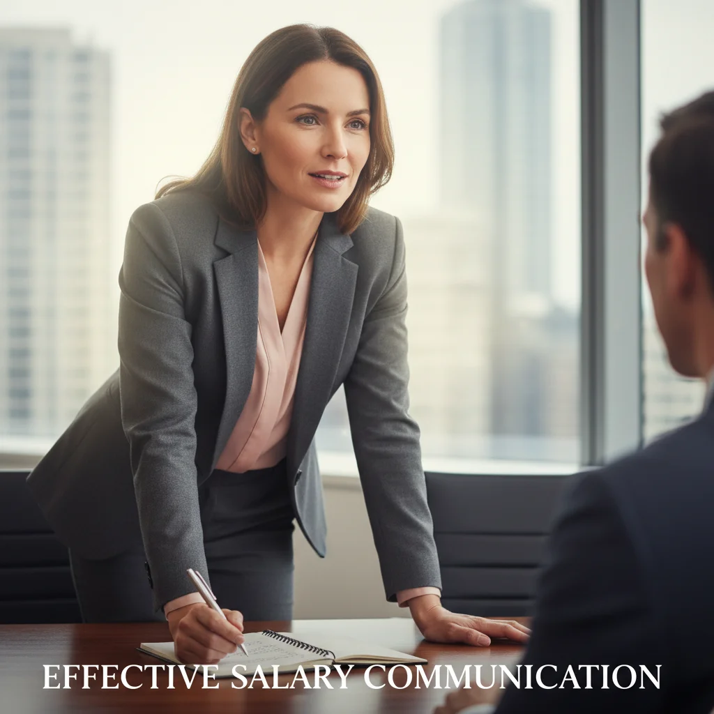 Confident woman speaking during a negotiation, demonstrating strong communication skills.