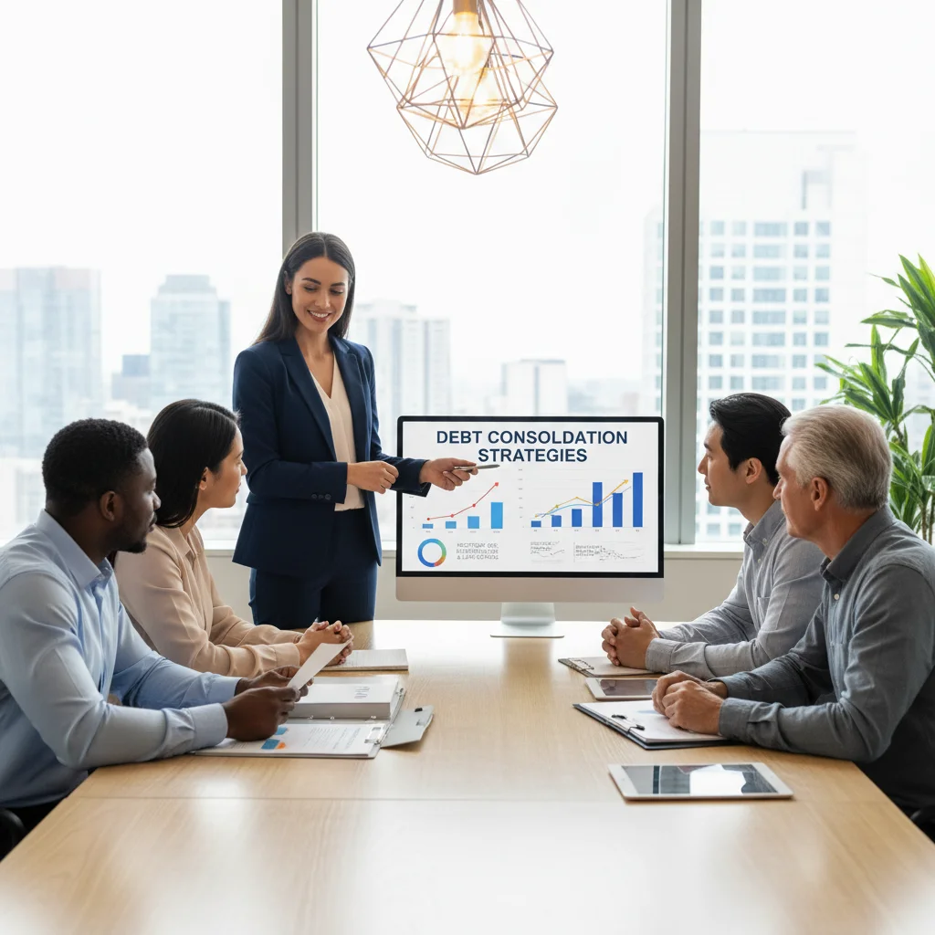 Diverse group consulting a financial advisor about debt consolidation options and strategies.