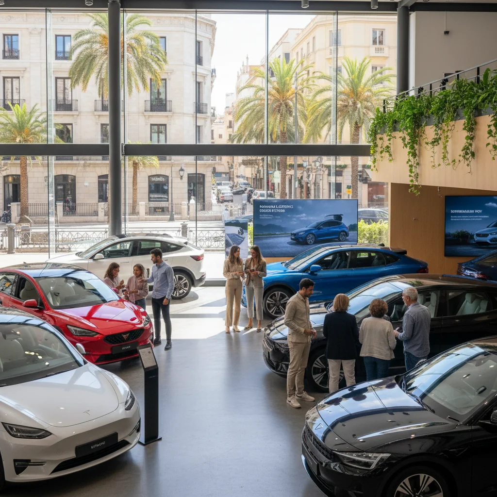 Consumidores examinando diferentes modelos de coches eléctricos en un concesionario en España.