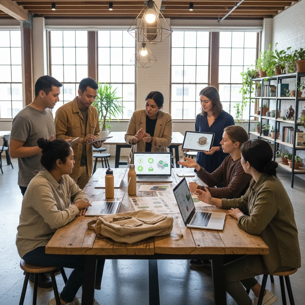 Grupo de personas dialogando sobre productos sostenibles y tecnología en un entorno colaborativo.