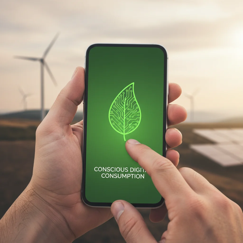 Manos sosteniendo un smartphone con un icono de hoja verde en la pantalla, representando el consumo digital consciente y sostenible.