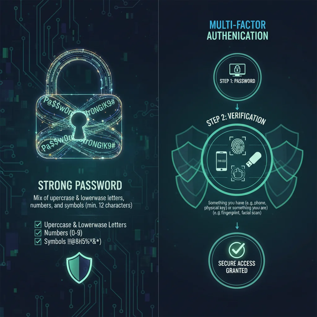Infografía de contraseña segura y autenticación multifactor clave para ciberseguridad