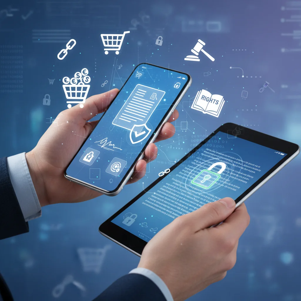 Representación de contrato digital y transacciones seguras online, destacando la protección del consumidor en el entorno digital.