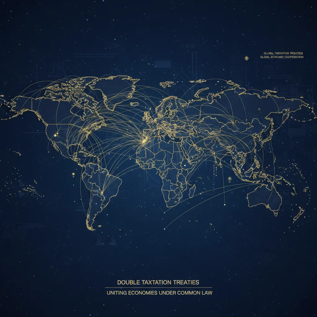 Mapa mundial con líneas interconectadas que representan los convenios de doble imposición y acuerdos fiscales internacionales.