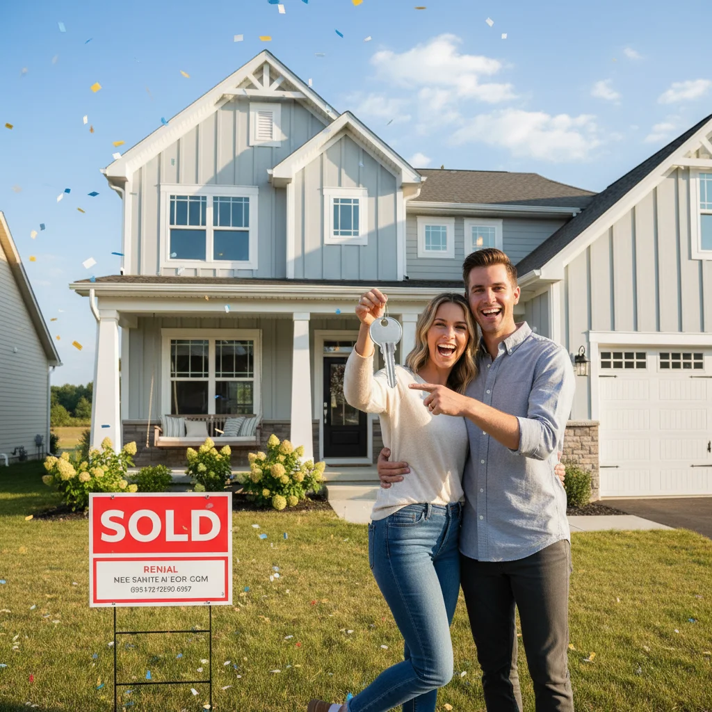 Happy couple with keys in front of their new 'Sold' house, symbolizing a achieved financial goal.