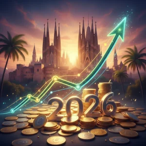 Gráfico financiero ascendente con elementos españoles, simbolizando la inversión a largo plazo en España y el crecimiento de capital.