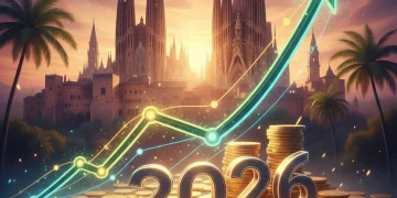 Gráfico financiero ascendente con elementos españoles, simbolizando la inversión a largo plazo en España y el crecimiento de capital.