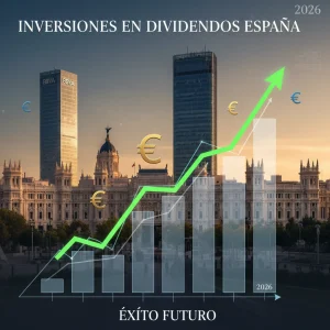 Inversión en Dividendos: Acciones Españolas con Rendimientos Superiores al 5% para el Año 2026 Gráfico de crecimiento financiero con edificios españoles, euros y el año 2026, representando la inversión en dividendos en España.
