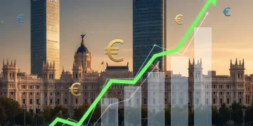Gráfico de crecimiento financiero con edificios españoles, euros y el año 2026, representando la inversión en dividendos en España.