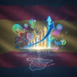 Gráfico de crecimiento financiero con elementos tecnológicos y energías renovables, representando inversiones en España.
