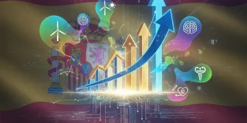 Gráfico de crecimiento financiero con elementos tecnológicos y energías renovables, representando inversiones en España.