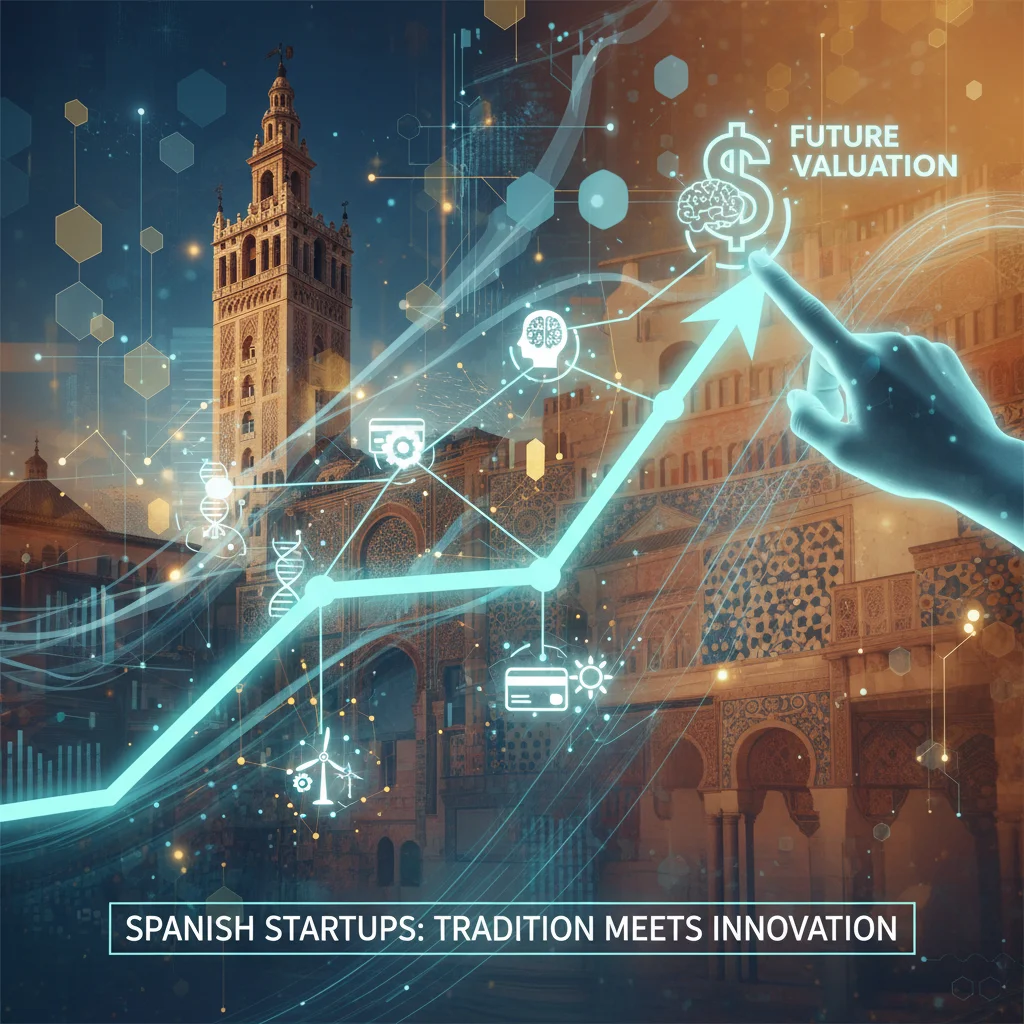 Gráfico de crecimiento financiero y tecnológico, simbolizando el éxito y la valoración de startups españolas.