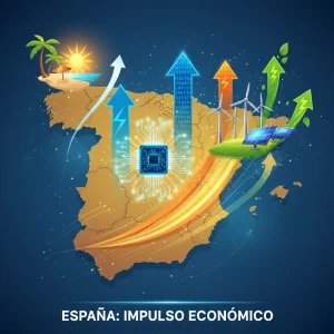 Gráfico ascendente del PIB español con iconos de turismo, tecnología y energías renovables.
