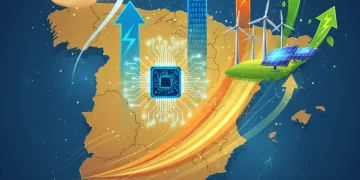 Gráfico ascendente del PIB español con iconos de turismo, tecnología y energías renovables.