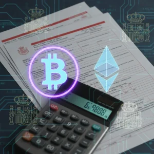 Monedas digitales y documentos fiscales españoles, representando la nueva normativa de criptoactivos en 2026.