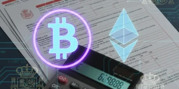 Monedas digitales y documentos fiscales españoles, representando la nueva normativa de criptoactivos en 2026.