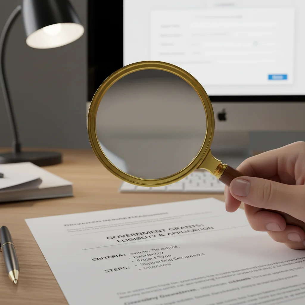 Mano con lupa examinando criterios de elegibilidad y pasos de solicitud para ayudas de digitalización de pymes.