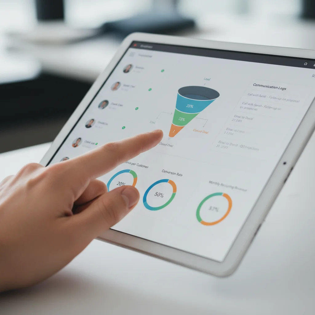 Customer Relationship Management (CRM) dashboard on a tablet, showcasing data.