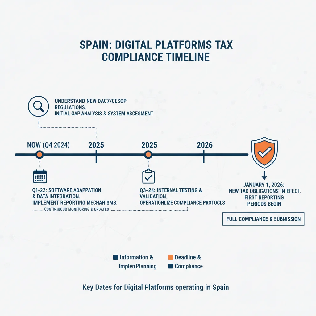 Gráfico de línea de tiempo con fechas clave para la implementación de las obligaciones fiscales en plataformas digitales hasta 2026.