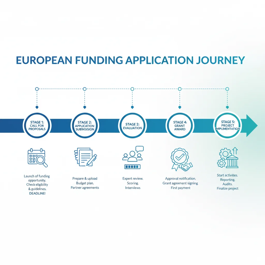 Infografía con una cronología de los pasos clave para solicitar ayudas europeas y sus plazos.