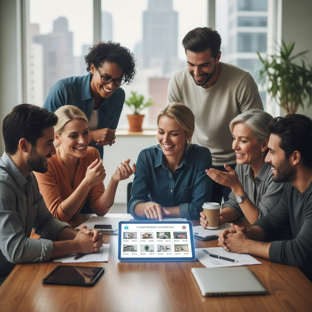 Grupo de inversores colaborando en una plataforma de crowdfunding inmobiliario en España.