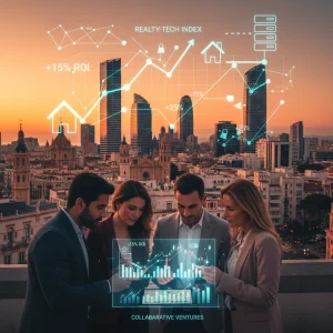 Panorama urbano español al atardecer con gráficos digitales de crecimiento financiero, representando la inversión en crowdfunding inmobiliario.