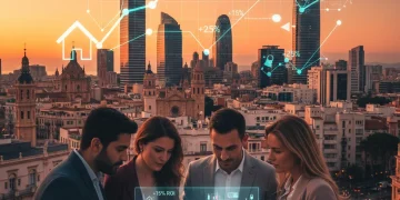 Panorama urbano español al atardecer con gráficos digitales de crecimiento financiero, representando la inversión en crowdfunding inmobiliario.