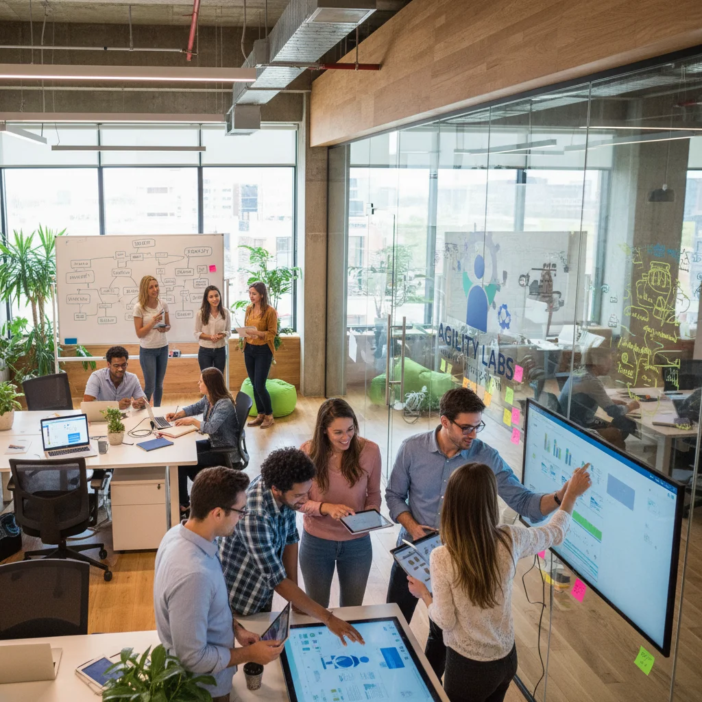 Equipo diverso de empleados colaborando en una oficina moderna, simbolizando la cultura de innovación y agilidad en la empresa.