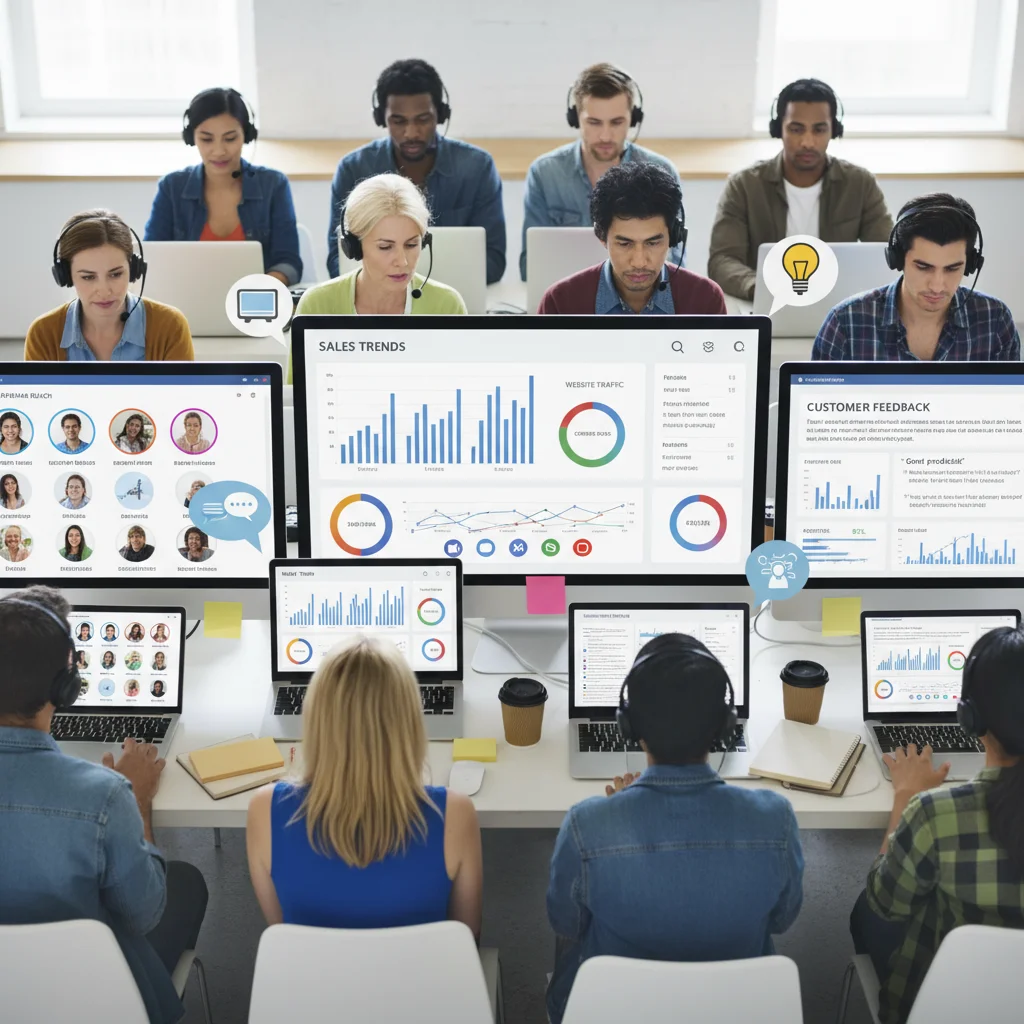 Small business owners analyzing customer data and social media insights to understand their target audience.