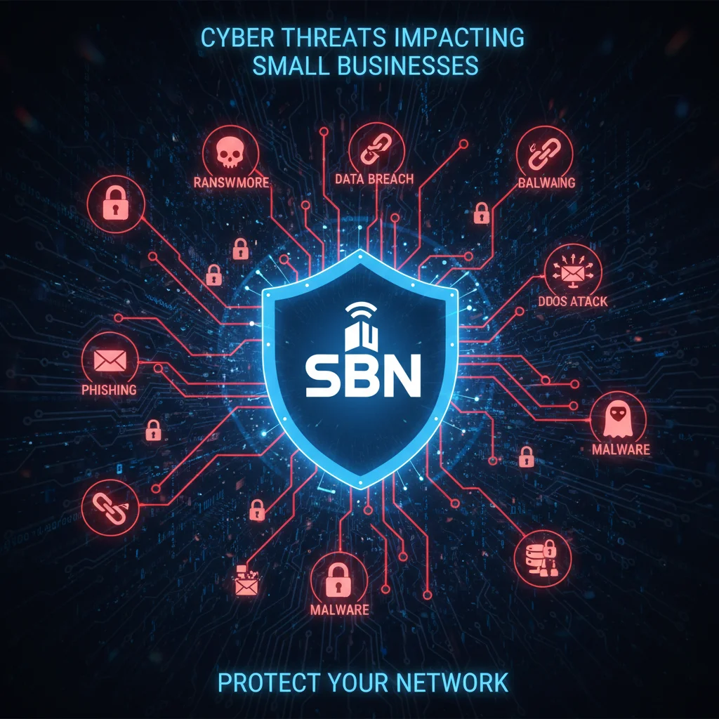 Cyber threats visualized as red lines attacking a protected small business network.