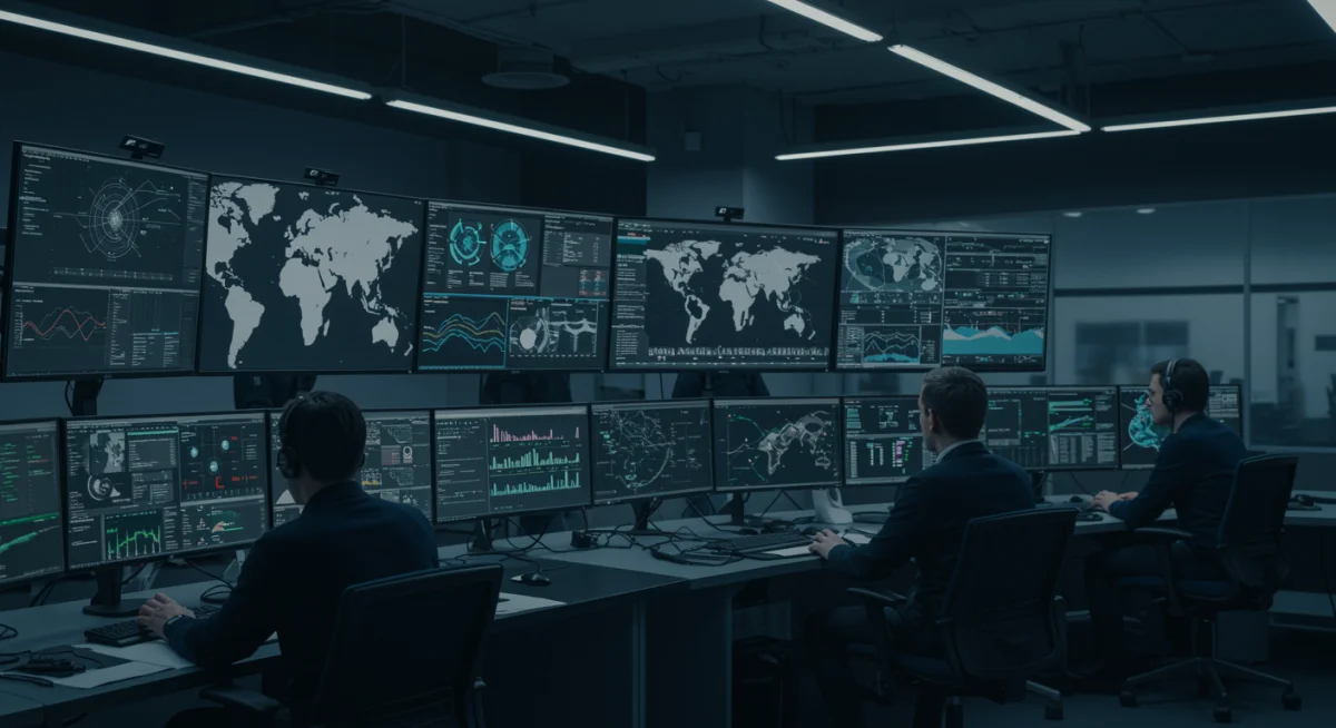 Cybersecurity analysts monitoring real-time threat intelligence in a command center.