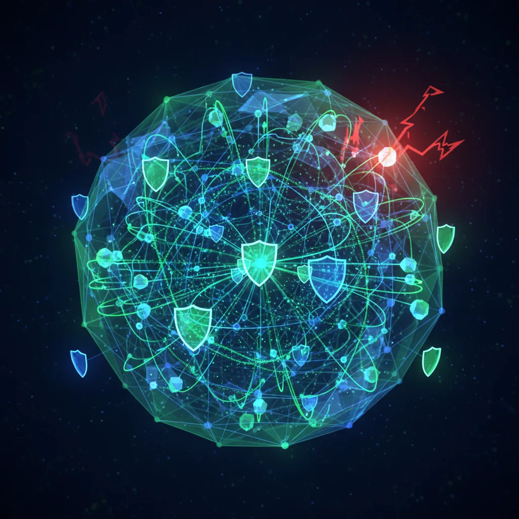 Secure digital network with protective shields symbolizing cybersecurity