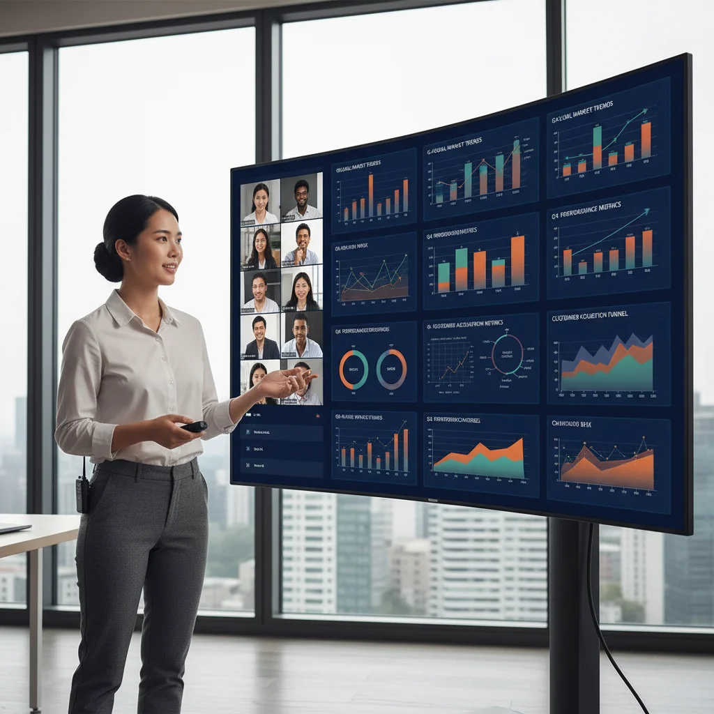 Woman presenting data insights to a virtual team, demonstrating data analysis.