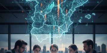 Representación visual de data analytics estratégico impactando positivamente en empresas españolas, con gráficos y profesionales colaborando.