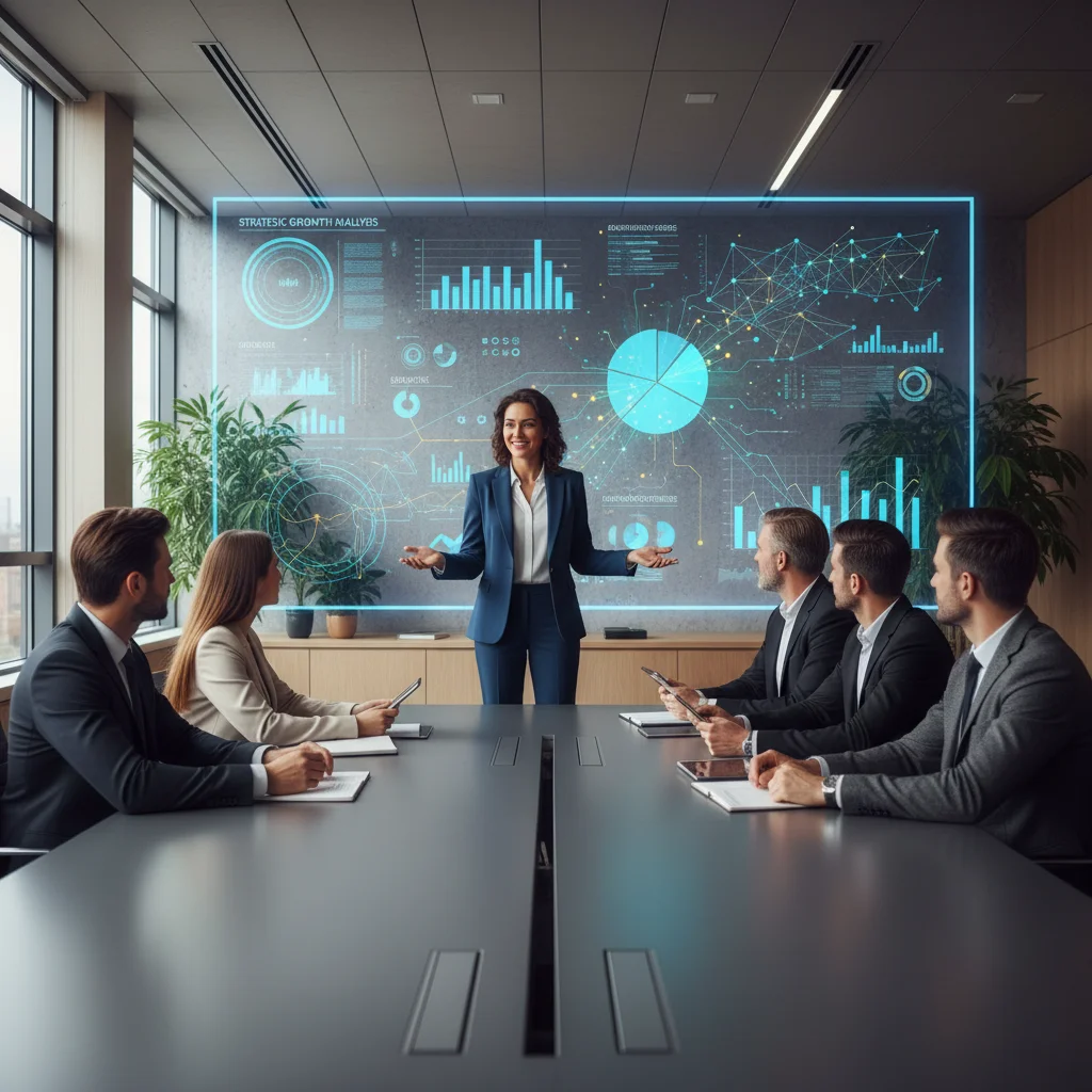 Woman presenting data insights from a certification in data analytics