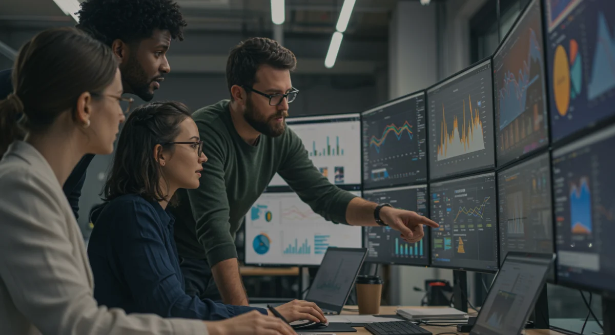 Professionals collaborating on data analysis, showcasing teamwork and analytical skills in a modern office.