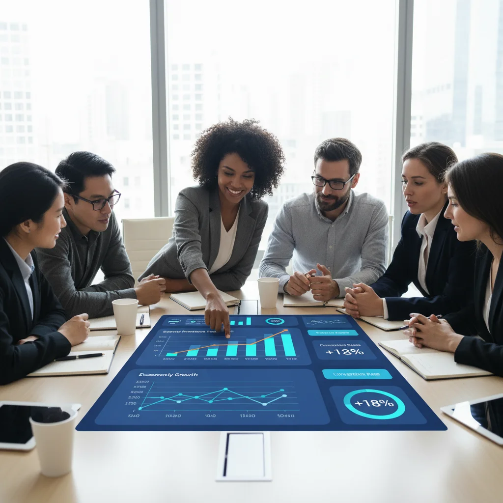Professionals analyzing data on a digital dashboard, showcasing data literacy
