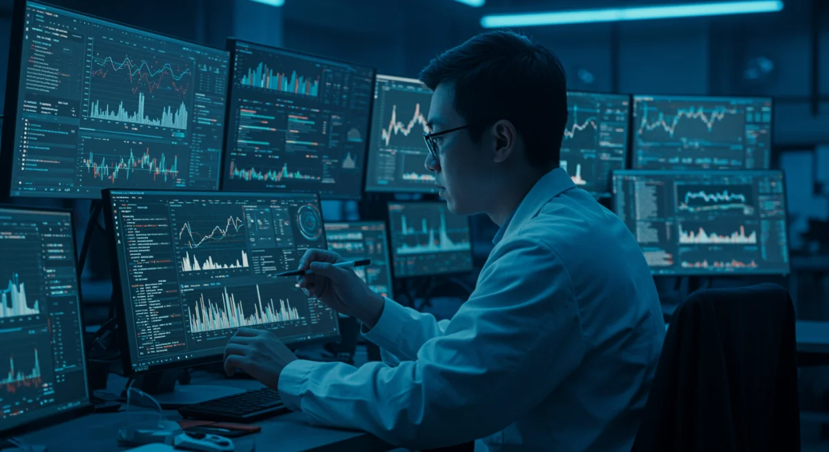 Data scientist analyzing complex datasets on multiple screens