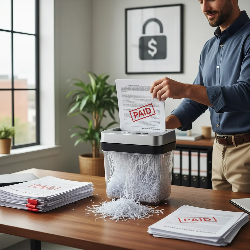 Person shredding old financial documents, representing debt management and financial cleanliness.