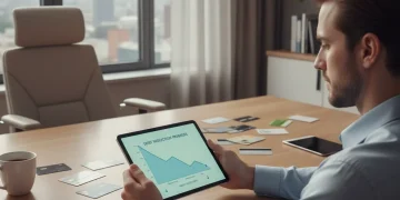 Financial graph showing debt reduction with credit cards on a desk.