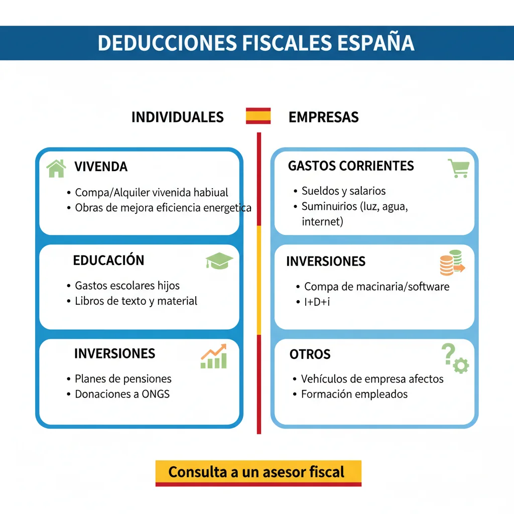 Infografía con deducciones fiscales comunes para individuos y empresas en España.